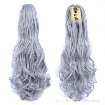 140g 20 Inches Easy Clips Wavy Curly Ponytail Hair Extension Grey Burg 613 Color Curly Wavy Synthetic Hair Claw Ponytails